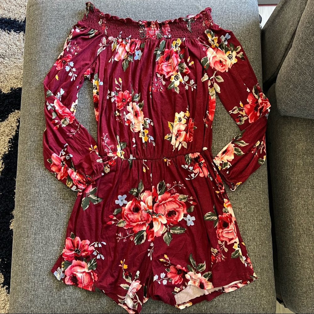 NWOT MTS Aria Long Sleeve Floral Off Shoulder Deep Red Romper Size L